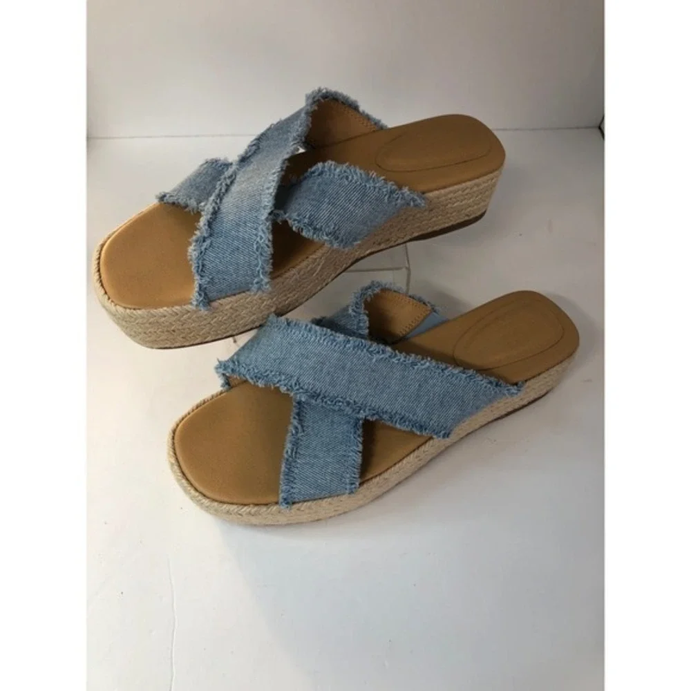 Gap Size‎ 8 Denim Espadrille Platform Slides Wind Blue Frayed Crisscross Sandals